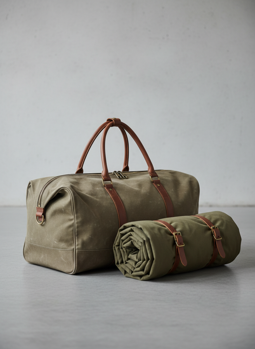A sturdy, canvas expedition duffel in muted khaki rests on a smooth concrete floor, its surface showing subtle scuffs and reinforced seams, with metal zippers neatly closed and leather handles folded symmetrically. Beside it, a rolled, olive-green canvas bedroll is secured by twin leather straps, aligned parallel to the bag. The background is a simple, light gray wall with no adornment. Soft studio lighting from the upper left creates controlled gradients and precise shadows, accentuating the functional design and materials. Shot from a slightly low, three-quarter angle with shallow depth of field that gently softens the background, the composition is centered and balanced. The photographic realism and neutral palette convey quiet endurance, professionalism, and readiness for pioneering travel.