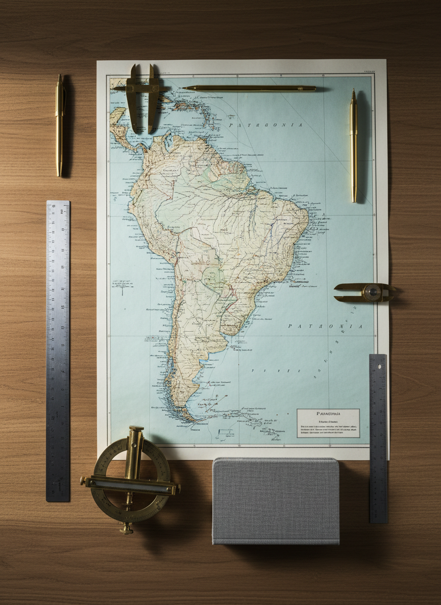 A meticulously organized wooden worktable holds a large, unfolded survey map of Patagonia printed on slightly yellowed paper, its contour lines and handwritten annotations rendered with crisp clarity. Around the map rest metal calipers, a steel ruler, a vintage sextant, and a neatly stacked notebook with cloth cover, all aligned with deliberate, geometric precision. Cool, indirect light from above and to the right creates subtle metallic reflections and controlled shadows that emphasize clean lines and structure. Shot from a directly overhead, bird’s-eye view, the composition feels like a blueprint of exploration. The mood is analytical and professional, with photographic realism and a corporate, neutral-toned aesthetic that highlights planning and achievement.