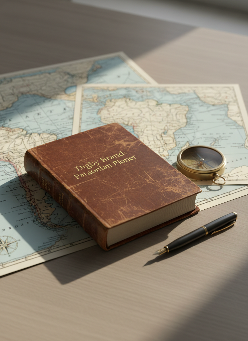 A weathered leather-bound journal titled “Digby Brand: Patagonian Pioneer” lies closed on a smooth, neutral-toned wooden desk, its spine creased and corners slightly worn, suggesting years of field use. Around it are neatly arranged archival maps of Patagonia in muted blues and tans, a brass compass, and a single fountain pen aligned parallel to the book. Soft, diffused daylight from an unseen window to the left casts gentle, professional shadows and subtle highlights on the leather texture. Shot from a slightly elevated, three-quarter angle with sharp focus throughout, the composition is clean and balanced, evoking a structured corporate portfolio aesthetic in photographic realism, calm and serious in mood.