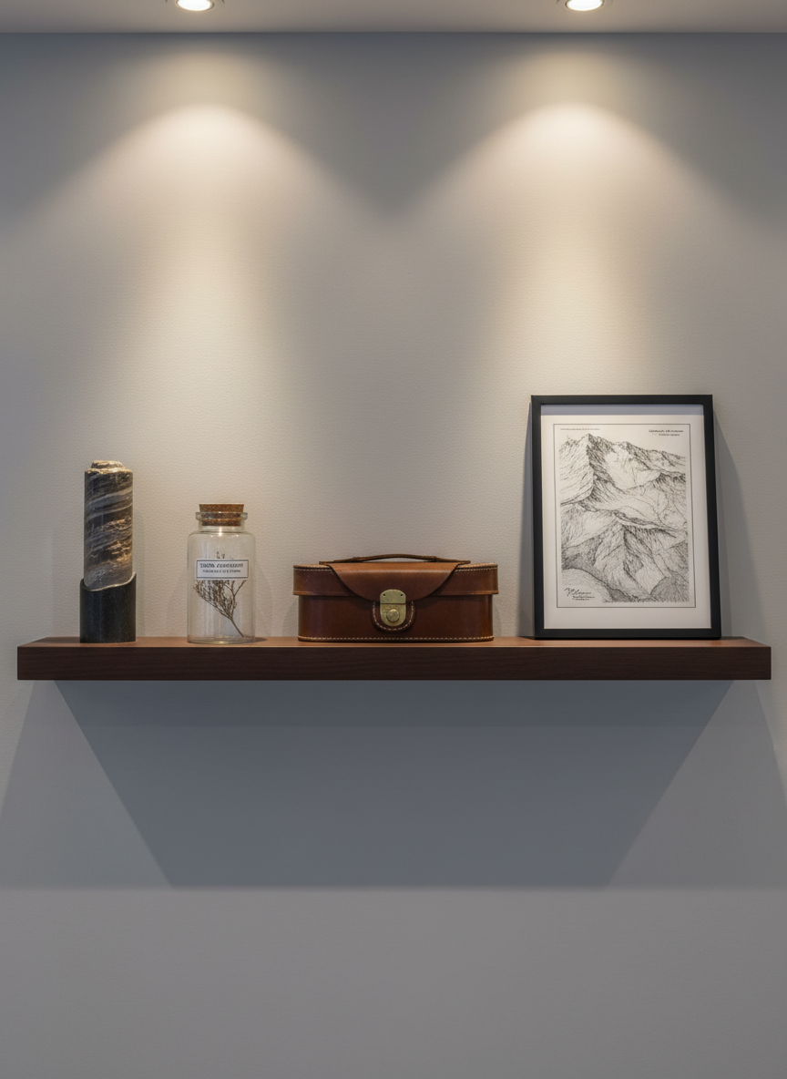 A solid, dark-wood display shelf against a soft gray wall showcases a curated collection of Patagonian artifacts: a polished geologic rock core sample, a neatly labeled specimen jar, a brass field binocular case closed with precise stitching, and a framed, monochrome topographic print. Each object is spaced evenly, forming a measured visual rhythm. Gentle, warm-white gallery lighting from ceiling spots creates controlled highlights and soft-edged shadows, emphasizing textures without clutter. Captured straight-on at eye level with a slightly wide frame, the image maintains sharp focus across all objects. The mood is formal and archival, with a clean, corporate photographic style that suggests a professional portfolio of Digby Brand’s life’s work.