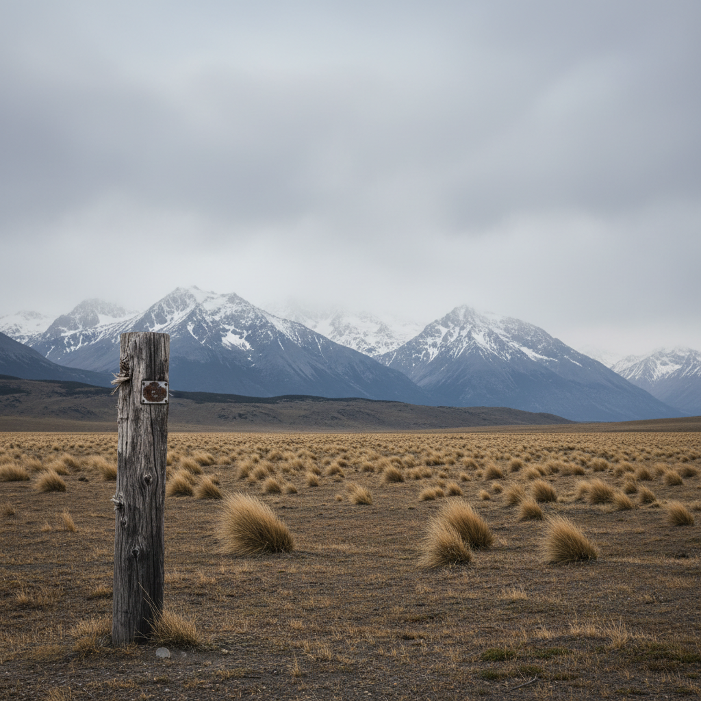 An expansive, windswept Patagonian steppe stretches toward a distant range of snow-dusted mountains under a high, overcast sky, rendered in neutral grays, soft browns, and cool blues. In the foreground stands a solitary, sturdy wooden boundary post with a small, metal identification plate, its grain and weathering clearly visible. Sparse tufts of dry grass bend uniformly in the wind. The light is diffused midday light, creating minimal contrast and a clean, even illumination. Captured at eye level using rule-of-thirds composition, the post anchors the scene while the landscape recedes in sharp focus. The photographic style is minimalist and professional, conveying resilience, exploration, and understated grandeur.